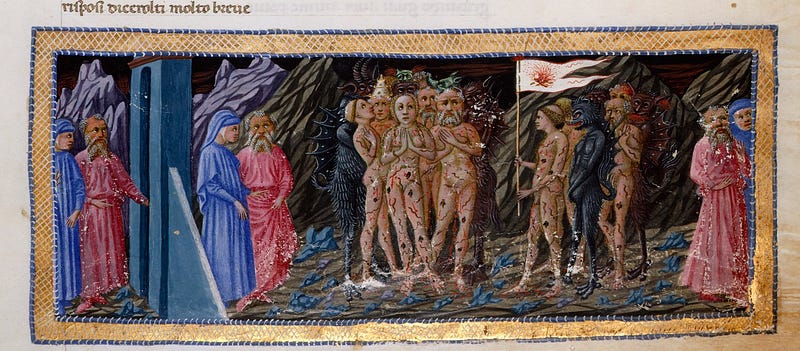 Detail of a miniature of Dante and Virgil in the apathetic section, illustration of Canto III. Attribution: Priamo della Quercia. ( Image from British Library Catalogue, Yates Thompson 36,f. 5)