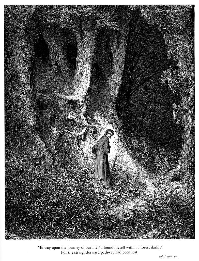 Engraving by Gustave Doré illustrating Canto I of Divine Comedy, Inferno, by Dante Alighieri. Dante astray in the Dusky Wood.