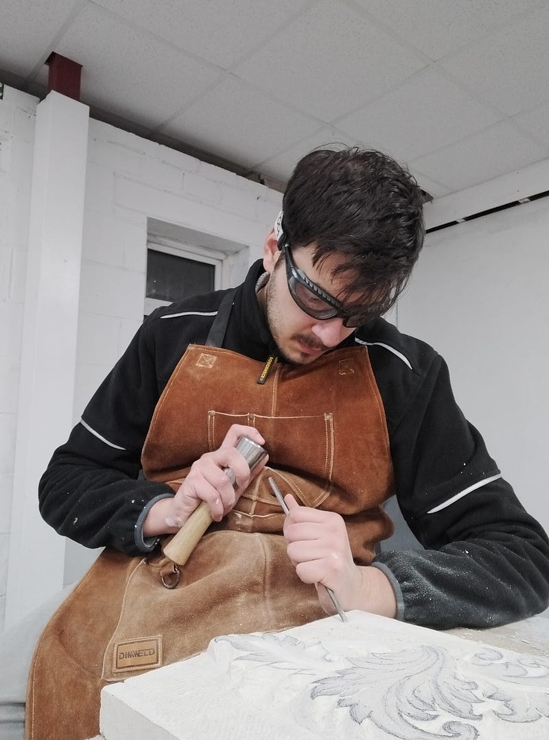 Antonello Mirone, stone carving in the workshop at Canterbury, UK.