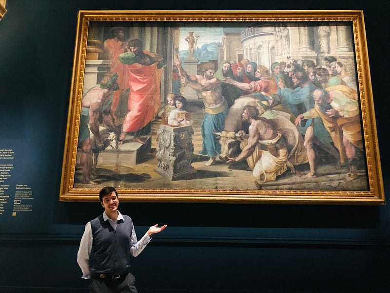 Antonello Mirone (Art Historian) in the Raphael Room, V&A (London, 2023). Behind Raphael Cartoon, The Sacrifice at Lystra.