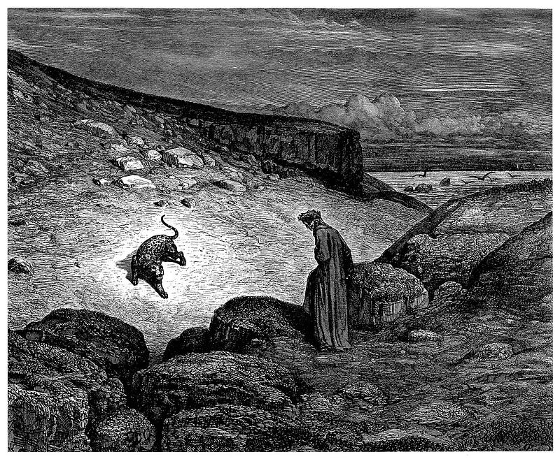 Gustave Doré’s illustration to Dante’s Inferno. Plate II: Canto I, “And lo! almost where the ascent began, / A panther light and swift exceedingly, / Which with a spotted skin was covered over”.