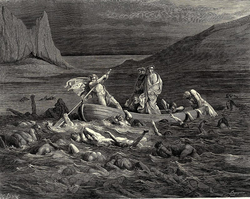 Gustave Doré illustrating Canto 8 of Divine Comedy, Inferno, by Dante Alighieri. Caption: Phlegyas ferries Dante across the Styx