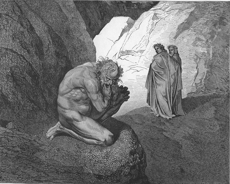 Plutus (1861). Drawn by Gustave Doré (1832–83) and engraved by Pannemaker.