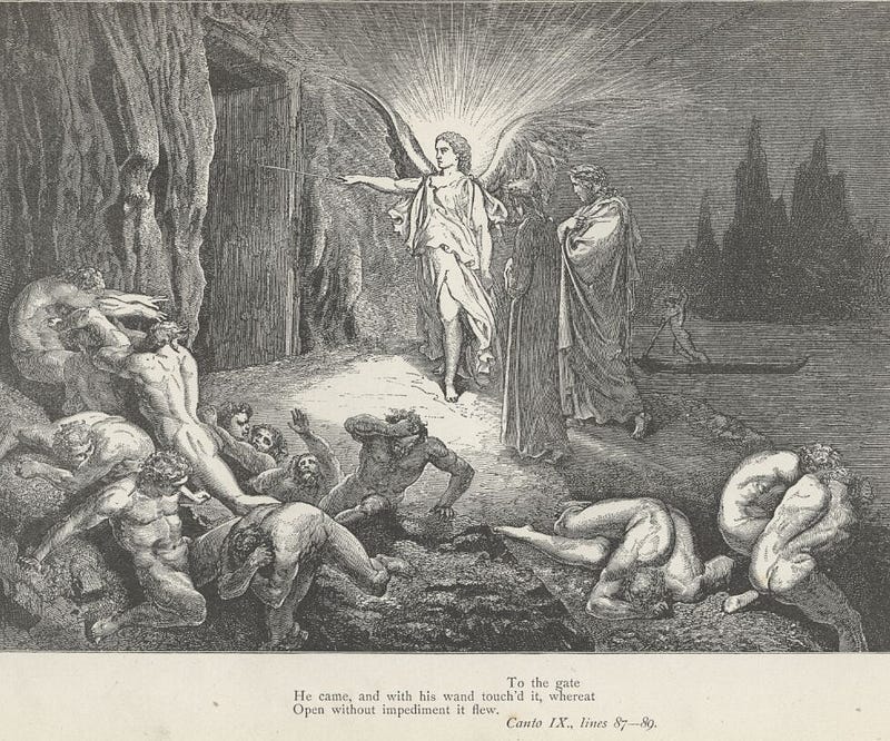 Gustave Doré illustrating Canto 9 of Divine Comedy, Inferno, by Dante Alighieri. The angel opens the doors to the city of Dis.