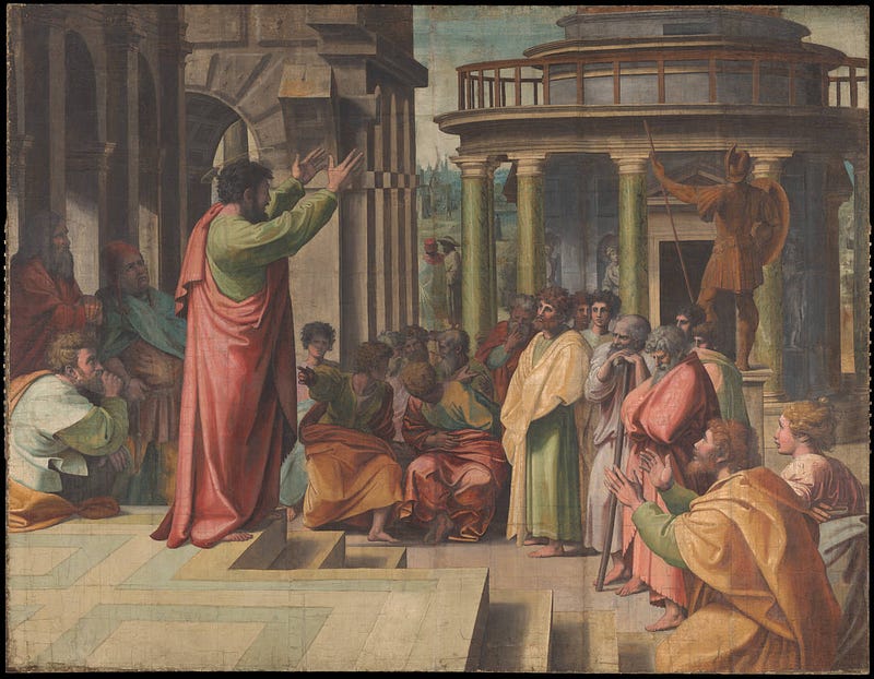 Raphael Cartoon, Paul Preaching at Athens at the V&A museum, London.