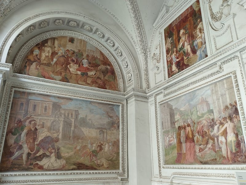 Left side of the frescoes at the entrance in Certosa of San Martinos’s Church. Photo of Antonello Mirone (Art historian). July 2023.