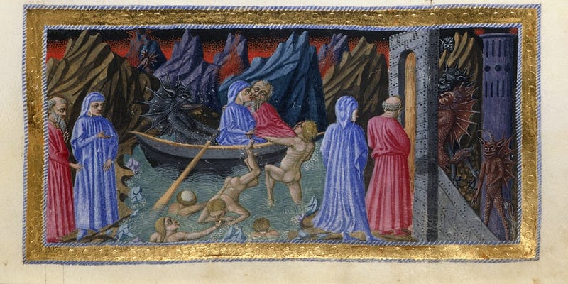 Detail of a miniature of Dante and Virgil, illustration of Canto 8. Attribution: Priamo della Quercia. ( Image from British Library Catalogue)