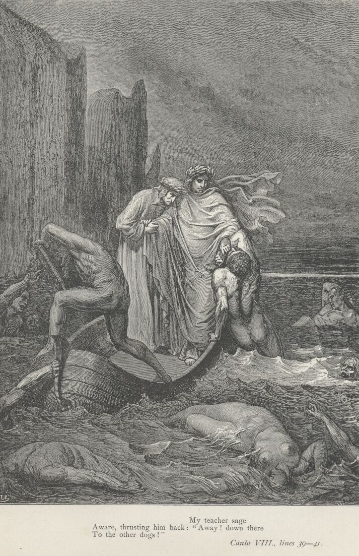 Gustave Doré illustrating Canto 8 of Divine Comedy, Inferno, by Dante Alighieri. Phlegyas ferries Dante across the Styx, and Virgil pushing away Filippo Argenti.