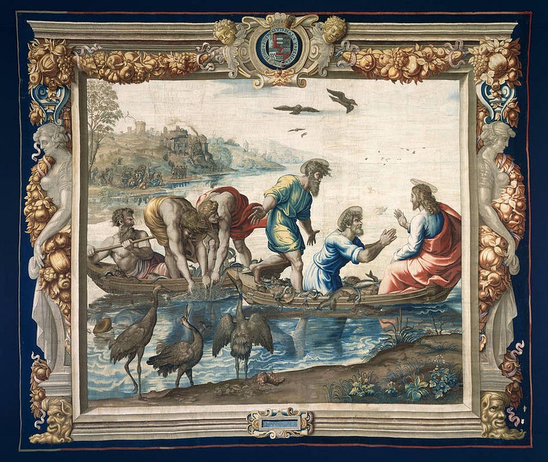 The Miraculous Draught of the Fishes, after Raphael, Mortlake, 1636–37, London. Tapestry done with a design of the Cartoons of Raphael.