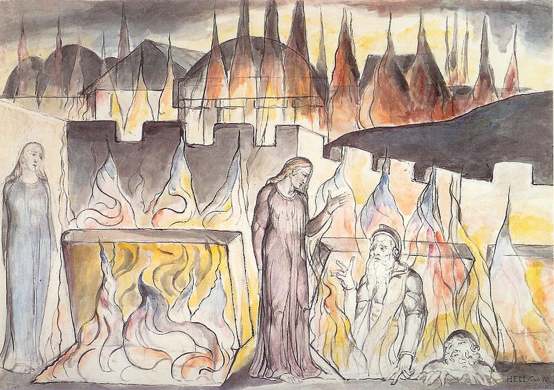 Dante in Hell 10 conversing with Farinata degli Uberti, William Blake (1824–1827, British Museum)