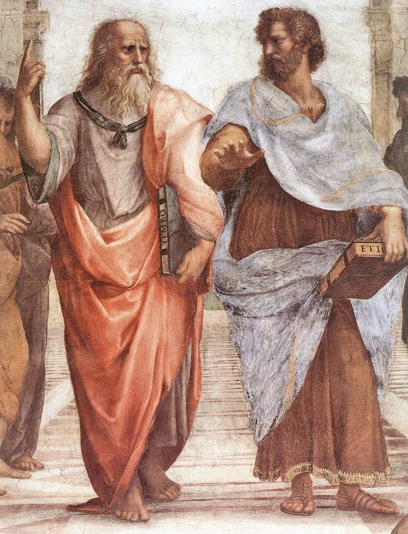 Plato and Aristotle, "The School of Athens" by Raffaello Sanzio da Urbino - Apostolic Palace, Vatican City.  