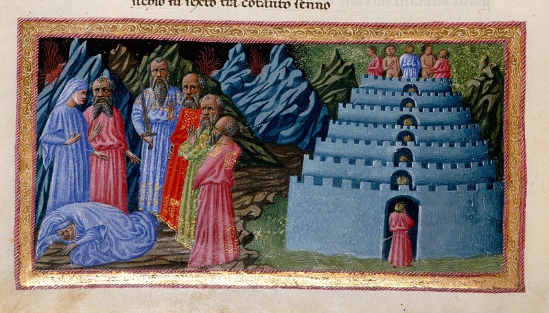 Detail of a miniature of Virgil introducing Dante to the poets of antiquity. Medieval manuscript, British Library. Attribution: Priamo della Quercia.