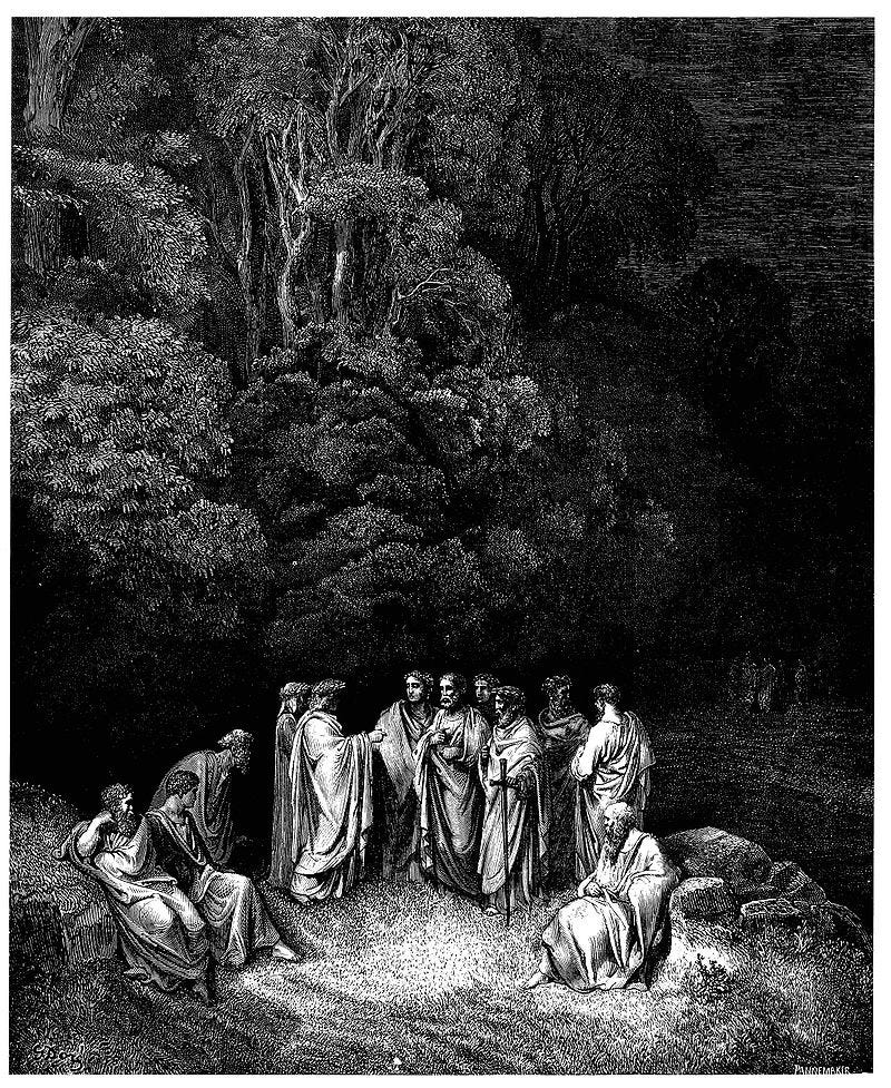 Gustave Doré’s illustration to Dante’s Inferno. Plate XII: Canto IV: Dante is accepted as an equal by the great Greek and Roman poets.