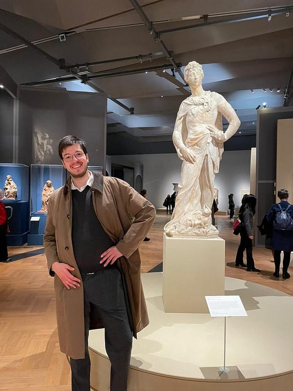 Antonello Mirone (Art Historian), next to the marble David of Donatello. Victoria and Albert museum exhibition in London, 202