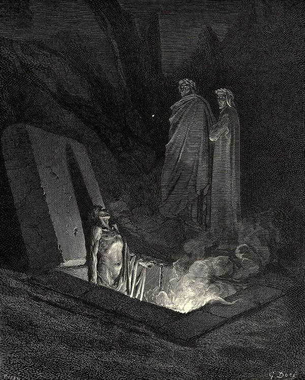 Gustave Doré illustrating Canto 10 of Divine Comedy, Inferno, by Dante Alighieri. Farinata degli Uberti addresses Dante.