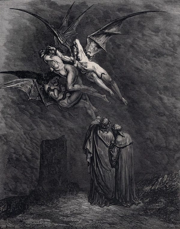 Gustave Doré illustrating Canto 9 of Divine Comedy, Inferno, by Dante Alighieri. The three Furies.