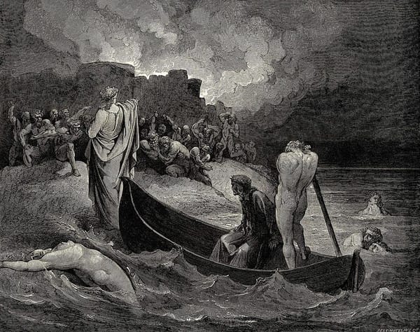 Gustave Doré illustrating Canto 8 of Divine Comedy, Inferno, by Dante Alighieri. The two poets arrive at the city of Dis and