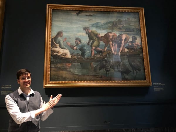 Antonello Mirone (Art Historian) in the Raphael Room, V&A (London, 2023). Behind Raphael Cartoon, The Miraculous Draught of F